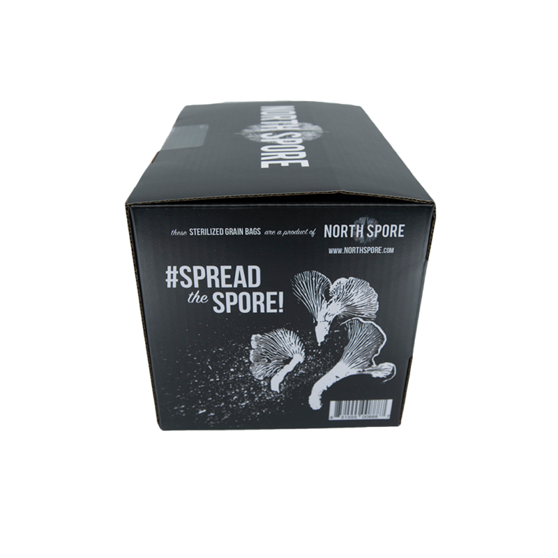 Side of packaging for North Spore Sterilized Grain Bag - with the hashtag "spread the spore" and an etched image of a chanterelle mushroom.