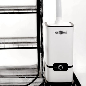 Set up of the North Spore Myco Mister II Tower Humidifier in a grow tent environment.