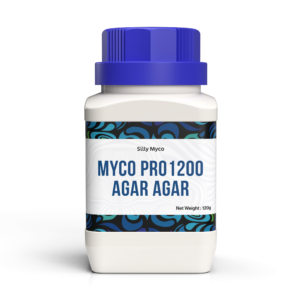 A white bottle of Silly Myco Agar Agar powder with a blue lid and decorative label.