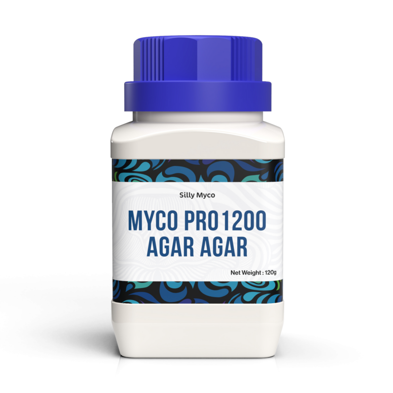 A white bottle of Silly Myco Agar Agar powder with a blue lid and decorative label.