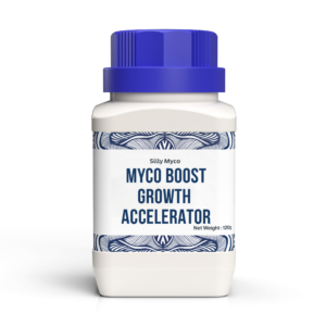 A white bottle of Silly Myco Myco Boost Growth Accelerator powder with a blue lid and decorative label.