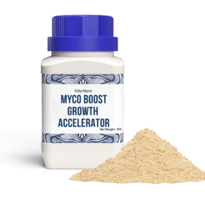A white bottle of Silly Myco Myco Boost Growth Accelerator with a blue lid beside a pile of the beige MycoBoost powder