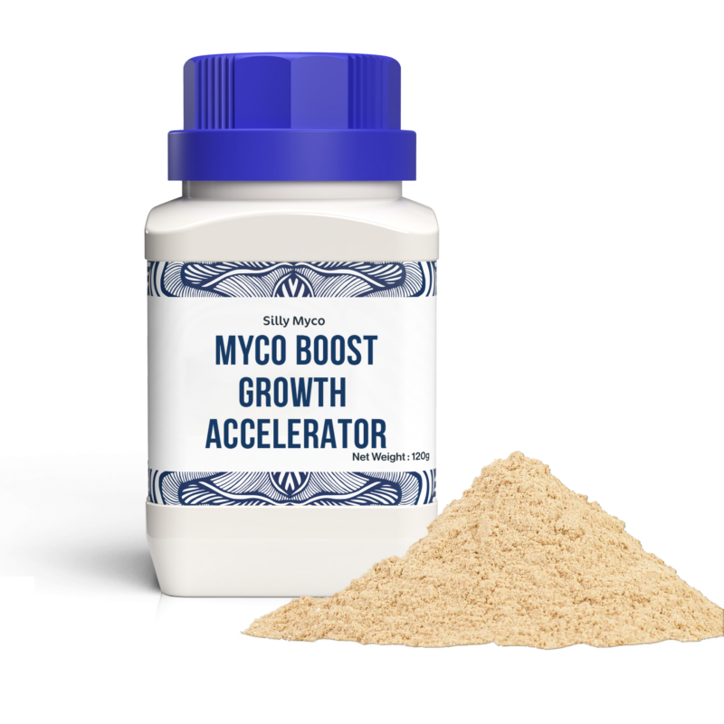 A white bottle of Silly Myco Myco Boost Growth Accelerator with a blue lid beside a pile of the beige MycoBoost powder