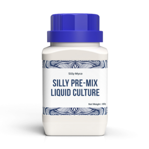 A white bottle of Silly Myco Silly Pre-Mix Liquid Culture powder with a blue lid and decorative label.