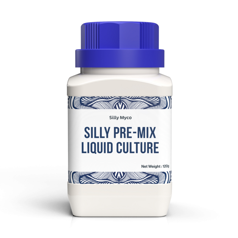 A white bottle of Silly Myco Silly Pre-Mix Liquid Culture powder with a blue lid and decorative label.