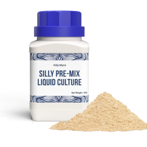 A white bottle of Silly Myco Silly Pre-Mix Liquid Culture with a blue lid beside a pile of the beige Pre-Mix Liquid Culture powder