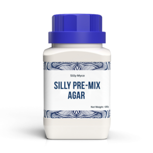 A white bottle of Silly Myco Silly Pre-Mix Agar powder with a blue lid and decorative label.