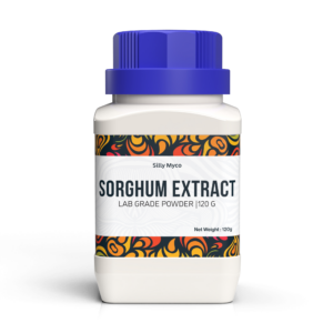 A white bottle of Silly Myco Sorghum Extract powder with a blue lid and decorative label.