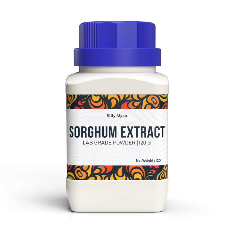 A white bottle of Silly Myco Sorghum Extract powder with a blue lid and decorative label.