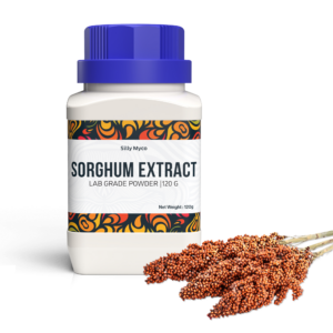 A white bottle of Silly Myco Sorghum Extract with a blue lid beside a sprig of red sorghum.