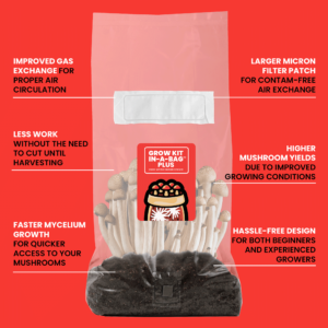 An infographic image showcasing the benefits of the "Grow Kit In-A-Bag PLUS" product, including improved air circulation, contam-free filter, and hassle-free design, with illustrations of mushrooms at the bottom.