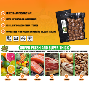 An advertising image for SuperFresh Seal Bags highlighting features such as freezer and microwave safety, food-grade material, long-term storage capability, compatibility with commercial vacuum sealers, and BPA-free certification. It showcases the bags' effectiveness with various food groups such as fruits, vegetables, seafood, meats, bread, and nuts, with vivid images of each category. The central message, 'Super Fresh and Super Thick,' underscores the durability and quality of the bags in preserving freshness.