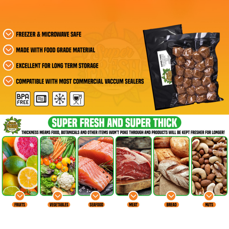 An advertising image for SuperFresh Seal Bags highlighting features such as freezer and microwave safety, food-grade material, long-term storage capability, compatibility with commercial vacuum sealers, and BPA-free certification. It showcases the bags' effectiveness with various food groups such as fruits, vegetables, seafood, meats, bread, and nuts, with vivid images of each category. The central message, 'Super Fresh and Super Thick,' underscores the durability and quality of the bags in preserving freshness.