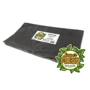 A black square of black and clear bags from SuperFresh Vacuum Seal Bags, measuring 11.5x22 inches. The bag is displayed with a prominent logo of the brand featuring green leaves, suggesting freshness. A white label on the bag includes product details and a QR code.