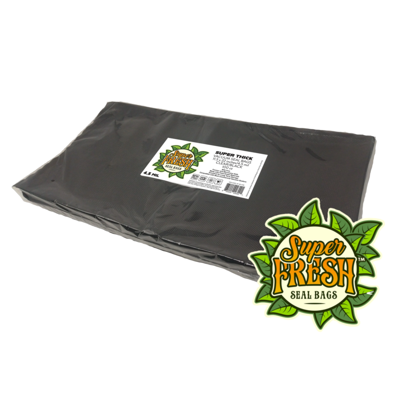 A black square of black and clear bags from SuperFresh Vacuum Seal Bags, measuring 11.5x22 inches. The bag is displayed with a prominent logo of the brand featuring green leaves, suggesting freshness. A white label on the bag includes product details and a QR code.