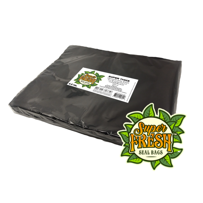 A pack of SuperFresh Vacuum Seal Bags in black and clear colors, size 15x18 inches, lying flat. The bags are super thick and suitable for vacuum sealing. The package features a label with the brand's sunburst logo surrounded by green leaves and product specifications, including a QR code.