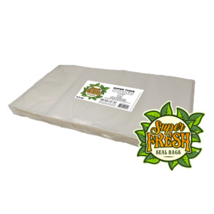 A stack of clear SuperFresh Seal Bags, super thick and suitable for vacuum sealing, each measuring 11.5x22 inches. The stack is sealed and carries a label featuring the SuperFresh logo with green leaves, detailed product information, and a QR code.