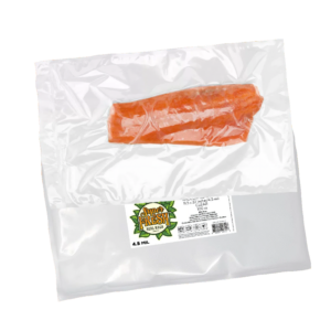 A single piece of salmon, with a rich orange color, vacuum-sealed in a clear SuperFresh Seal Bag. The bag, super thick and measuring 11.5x22 inches, is transparent, showcasing the freshness and quality of the fish inside. A label in the corner includes the green SuperFresh logo, product specifications, and a QR code.