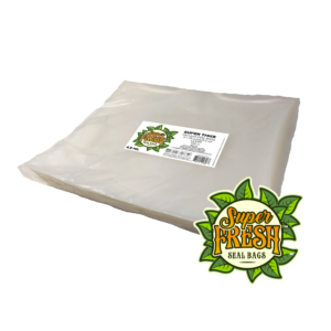 A pack of clear, super thick SuperFresh Seal Bags designed for vacuum sealing, with dimensions of 15x18 inches. The pack has a white label showing the SuperFresh logo adorned with green leaves and product details, including a QR code, on a clear background.