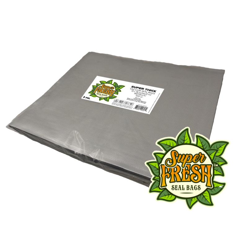 A stack of metallic SuperFresh Seal Bags, each measuring 15x18 inches, with a super thick design for vacuum sealing. The stack features a white label on top with the green and orange SuperFresh logo and product details, including a QR code, set against a dark background.