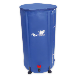 Blue Autopot Flexitank 25 gallon water storage reservoir with tap and logo.