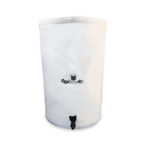 White Autopot Flexitank Pro 25 gallon collapsible water butt with black tap.