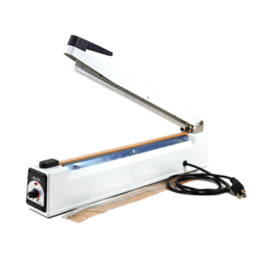 Flocube 16 inch hand-operated impulse sealer with open arm and wire heating element on white background