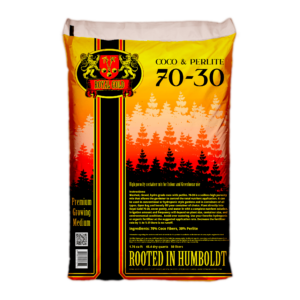 A multicolored bag with layers of yellow, orange, with silhouettes of trees and a black, red and yellow stripe with Coco & Perlite 70-30 in bold text at the top, next to the royal gold logo on the left. It reads "Premium growing medium" and "rooted in humboldt" on the bag.