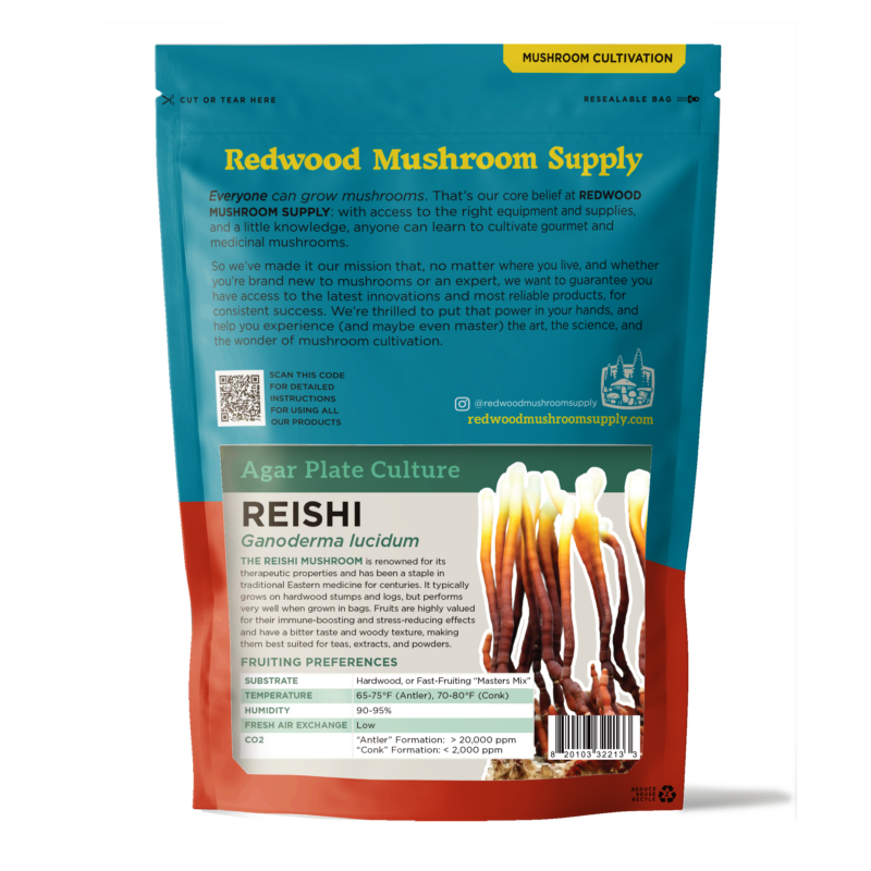 Back view of Reishi Agar Plate Culture packaging, providing detailed information about mushroom cultivation and benefits, branded by Redwood Mushroom Supply